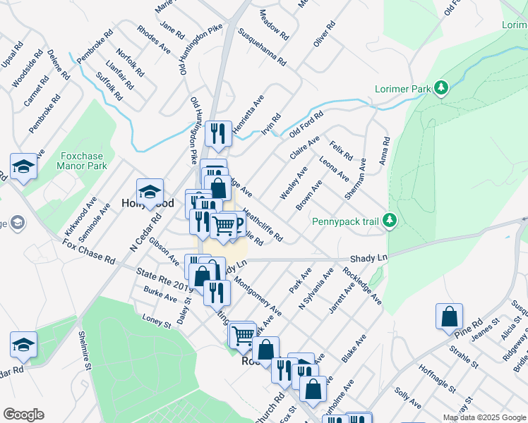 map of restaurants, bars, coffee shops, grocery stores, and more near 404 Rockledge Avenue in Huntingdon Valley
