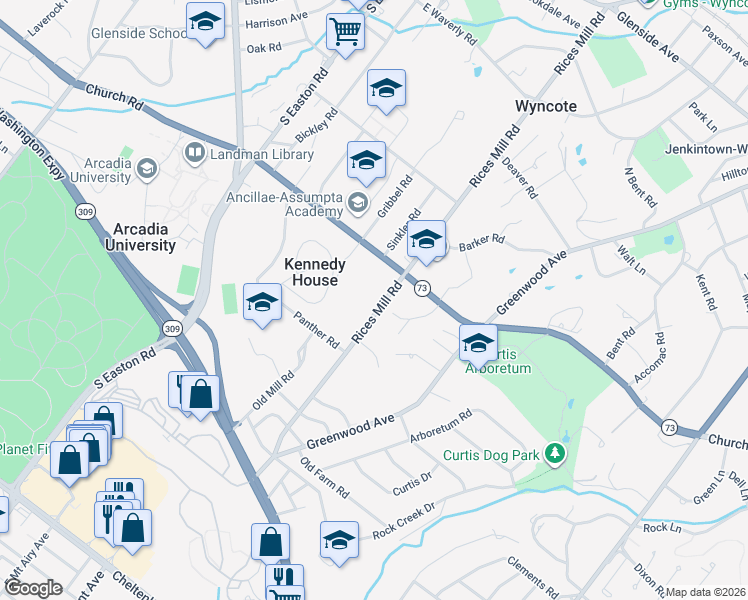 map of restaurants, bars, coffee shops, grocery stores, and more near 415 Rices Mill Road in Wyncote