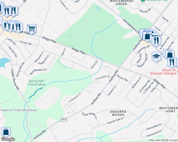 map of restaurants, bars, coffee shops, grocery stores, and more near 326 Birch Drive in Lafayette Hill