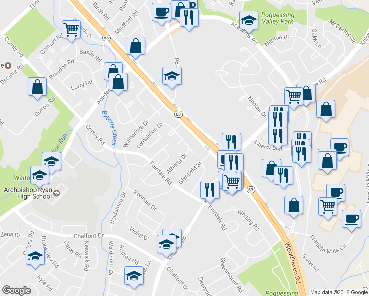 map of restaurants, bars, coffee shops, grocery stores, and more near 12106 Elmore Road in Philadelphia