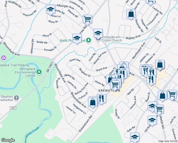 map of restaurants, bars, coffee shops, grocery stores, and more near 1106 Grant Avenue in Philadelphia