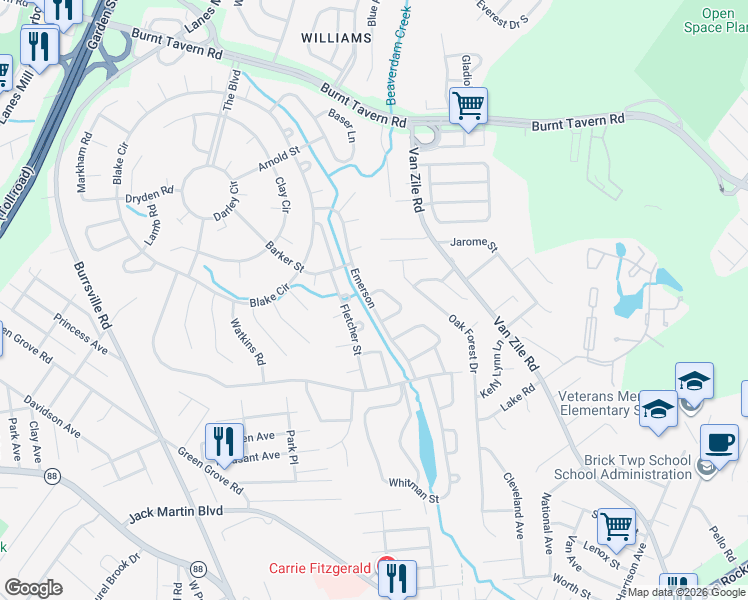 map of restaurants, bars, coffee shops, grocery stores, and more near 34 Masters Road in Brick Township