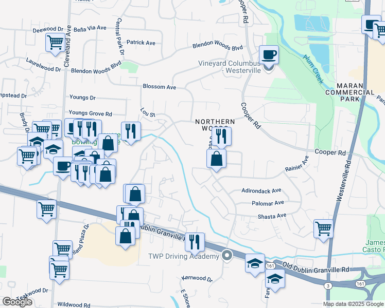 map of restaurants, bars, coffee shops, grocery stores, and more near 5800 Forest Hills Boulevard in Columbus