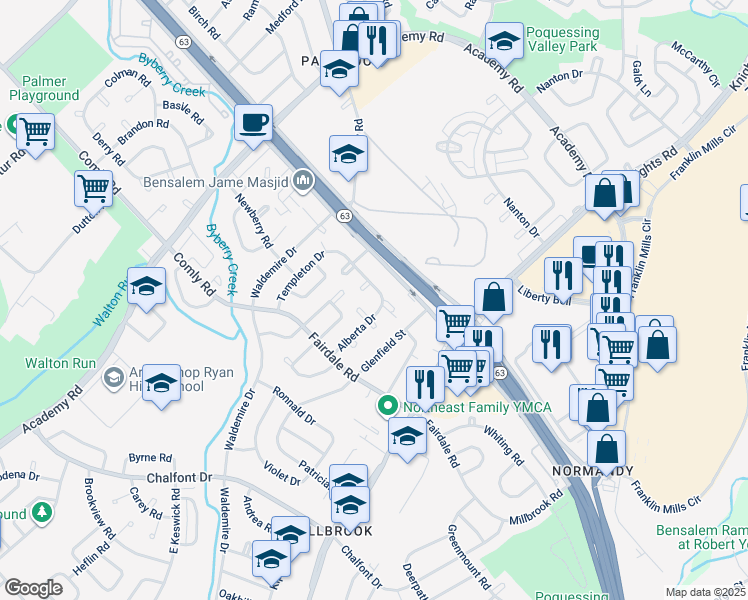 map of restaurants, bars, coffee shops, grocery stores, and more near 12106 Elmore Road in Philadelphia