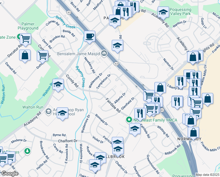 map of restaurants, bars, coffee shops, grocery stores, and more near 12028 Covert Road in Philadelphia