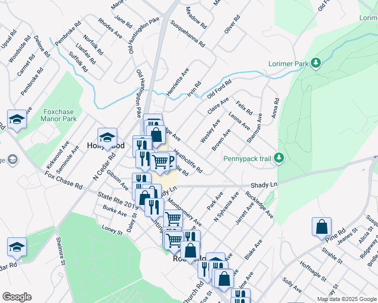 map of restaurants, bars, coffee shops, grocery stores, and more near 404 Rockledge Avenue in Huntingdon Valley