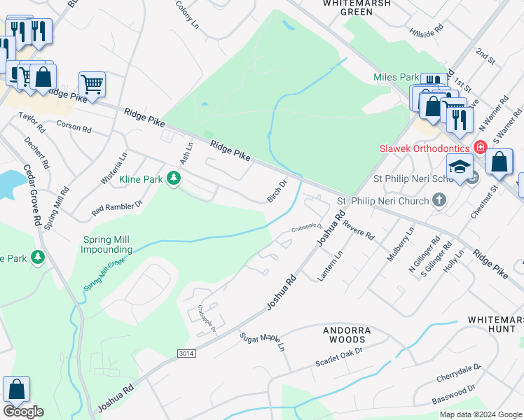 map of restaurants, bars, coffee shops, grocery stores, and more near 326 Birch Drive in Lafayette Hill