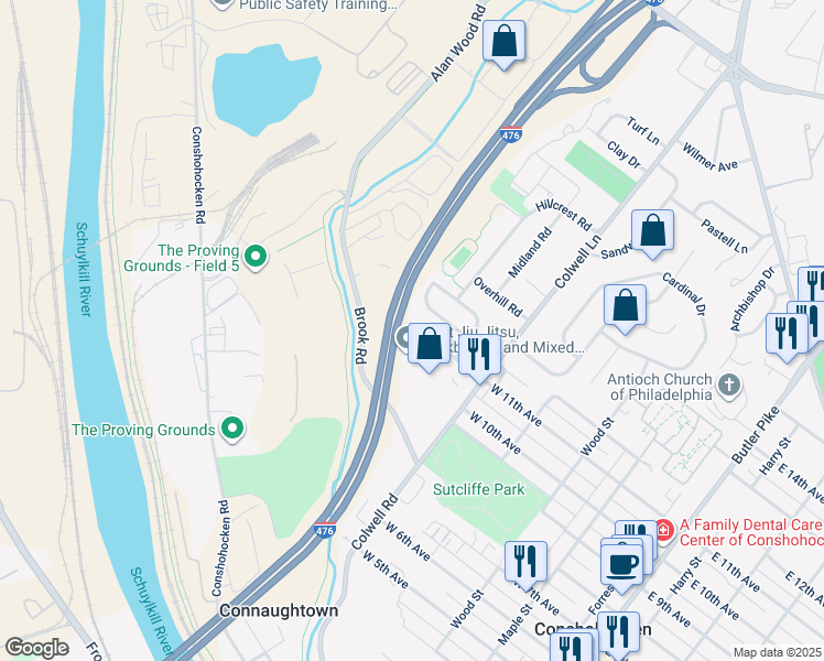 map of restaurants, bars, coffee shops, grocery stores, and more near 533 Palmer Road in Conshohocken