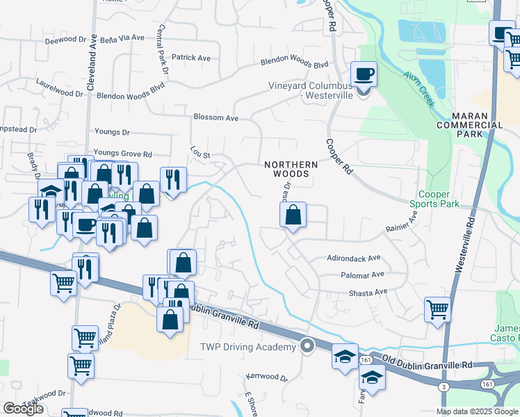 map of restaurants, bars, coffee shops, grocery stores, and more near 5643 Little Ben Circle in Columbus