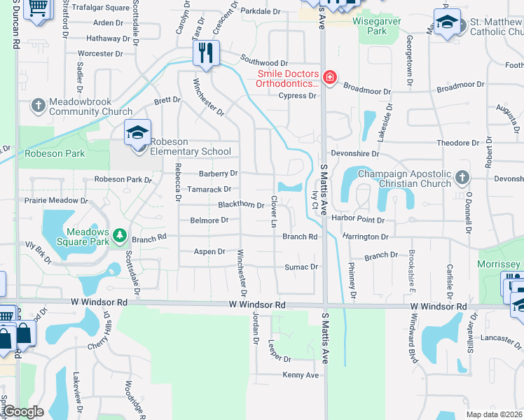 map of restaurants, bars, coffee shops, grocery stores, and more near 2101 Belmore Court in Champaign