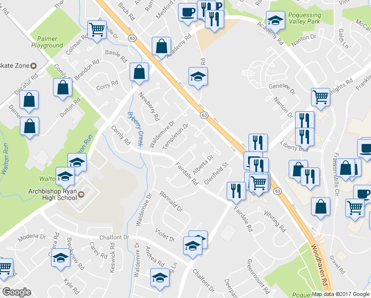 map of restaurants, bars, coffee shops, grocery stores, and more near 12028 Covert Road in Philadelphia