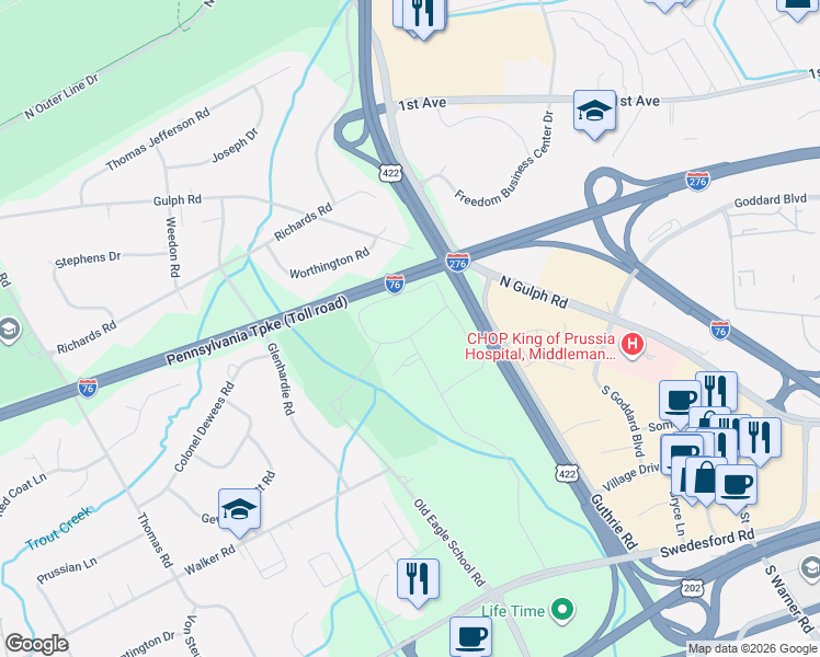 map of restaurants, bars, coffee shops, grocery stores, and more near 404 Drummers Lane in Wayne
