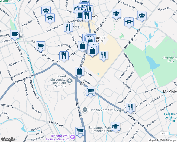 map of restaurants, bars, coffee shops, grocery stores, and more near 1238 Lenox Road in Jenkintown