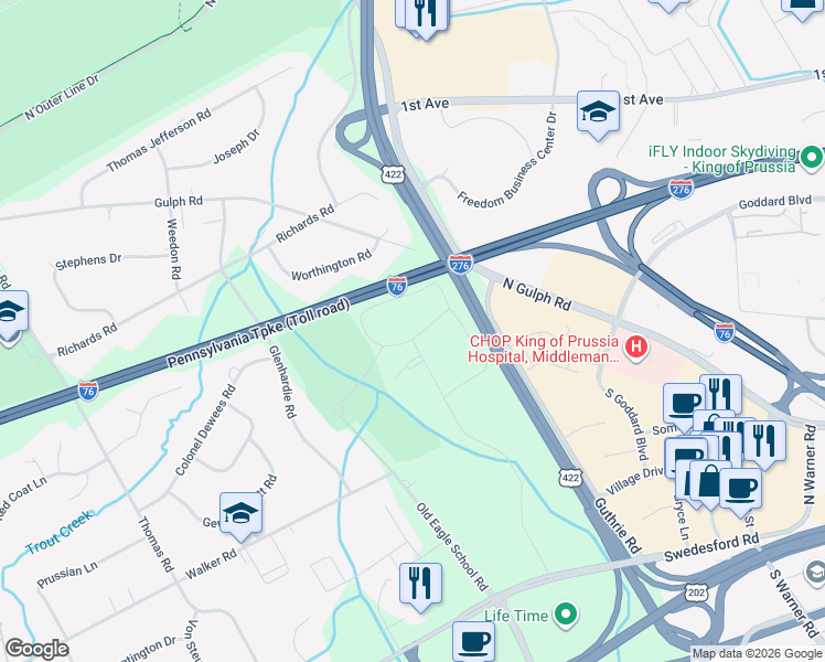 map of restaurants, bars, coffee shops, grocery stores, and more near 419 Drummers Lane in Wayne