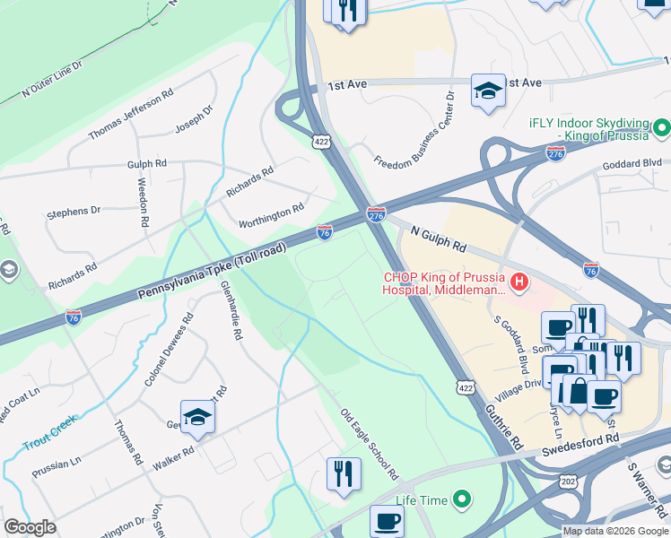 map of restaurants, bars, coffee shops, grocery stores, and more near 286 Drummers Lane in Wayne