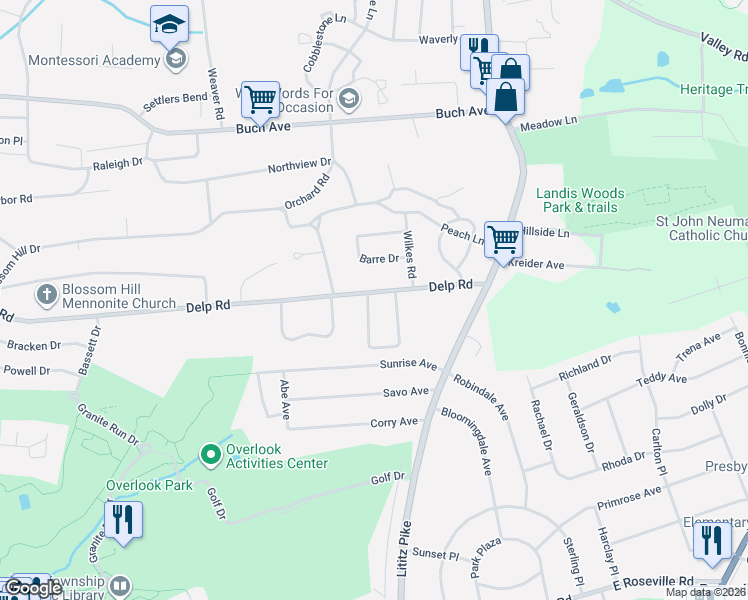 map of restaurants, bars, coffee shops, grocery stores, and more near 232 Maxson Road in Lancaster