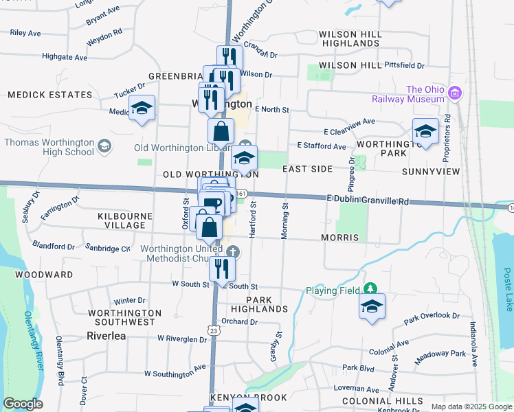 map of restaurants, bars, coffee shops, grocery stores, and more near 700 Hartford Street in Worthington
