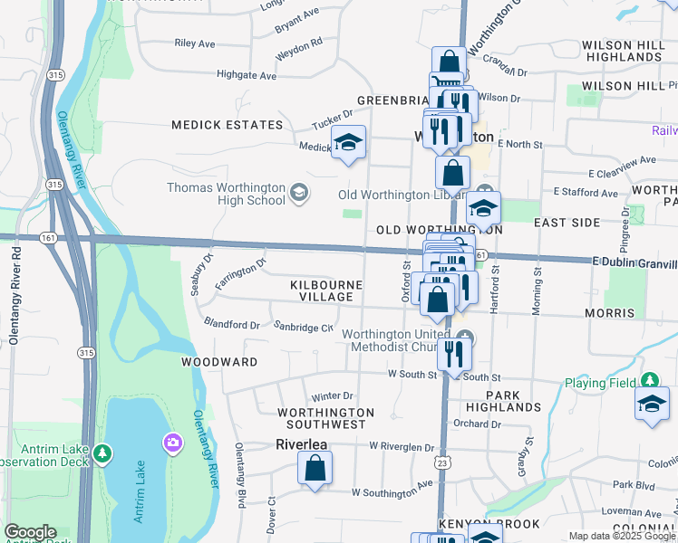 map of restaurants, bars, coffee shops, grocery stores, and more near 657 North Sinsbury Drive in Worthington