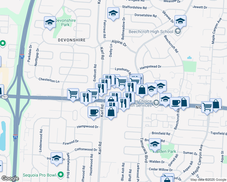 map of restaurants, bars, coffee shops, grocery stores, and more near 1620-1698 East Dublin Granville Road in Columbus