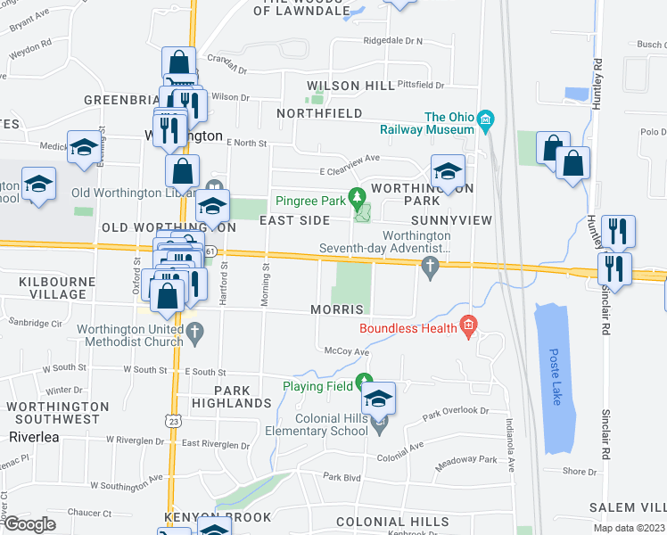 map of restaurants, bars, coffee shops, grocery stores, and more near 219 East Dublin Granville Road in Worthington
