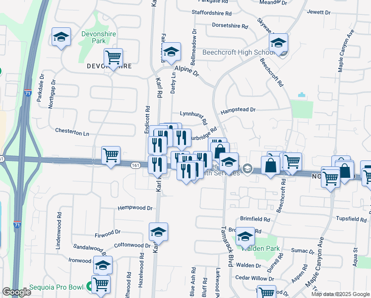 map of restaurants, bars, coffee shops, grocery stores, and more near 1664 East Dublin Granville Road in Columbus