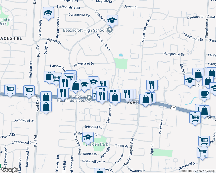 map of restaurants, bars, coffee shops, grocery stores, and more near 1990 East Dublin Granville Road in Columbus