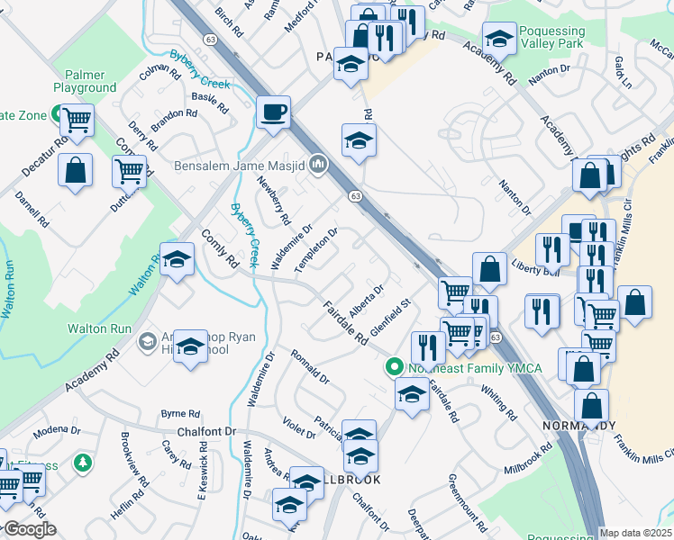 map of restaurants, bars, coffee shops, grocery stores, and more near 12030 Covert Road in Philadelphia