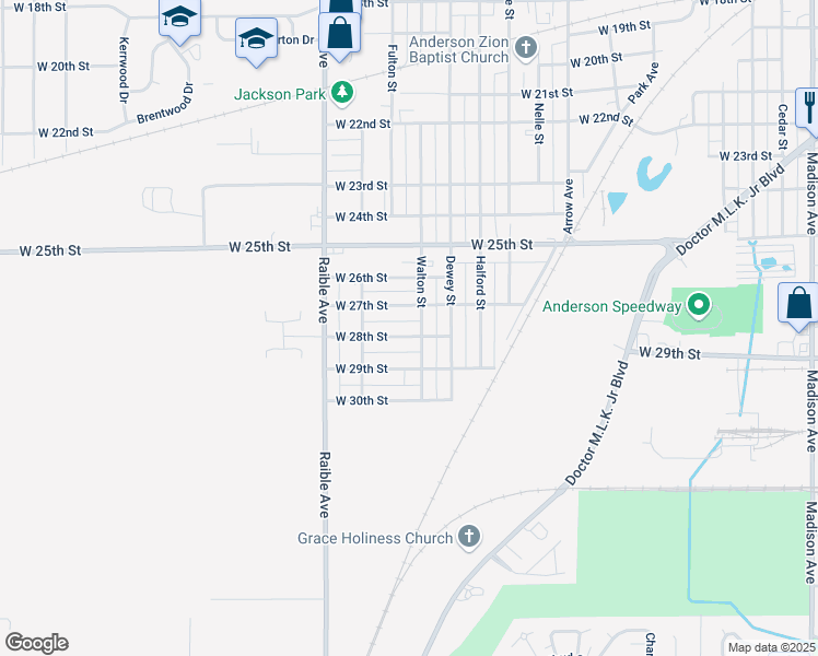 map of restaurants, bars, coffee shops, grocery stores, and more near 2314 West 29th Street in Anderson