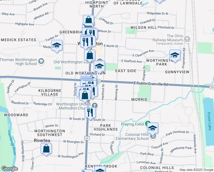 map of restaurants, bars, coffee shops, grocery stores, and more near 700 Hartford Street in Worthington
