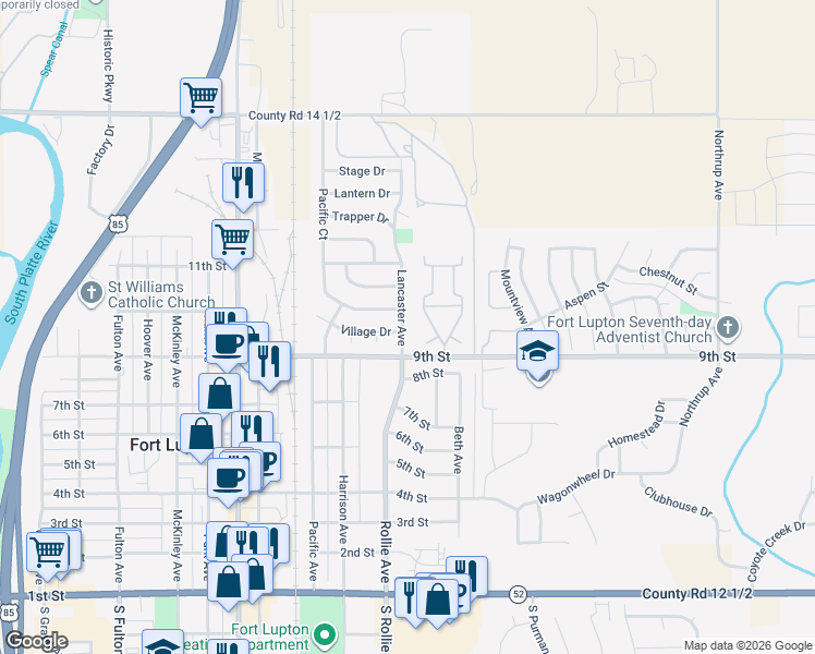 map of restaurants, bars, coffee shops, grocery stores, and more near 1401 9th Street in Fort Lupton