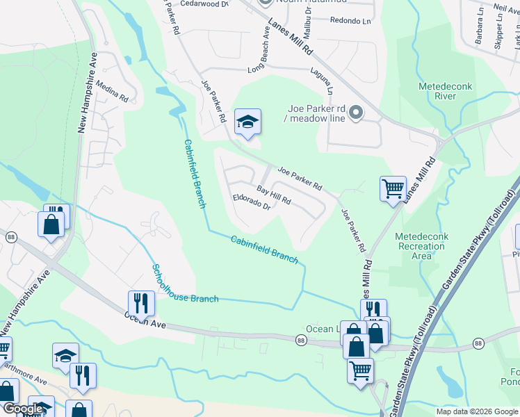 map of restaurants, bars, coffee shops, grocery stores, and more near 44 Bay Hill Road in Lakewood
