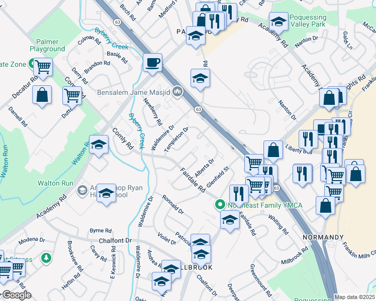 map of restaurants, bars, coffee shops, grocery stores, and more near 12030 Covert Road in Philadelphia