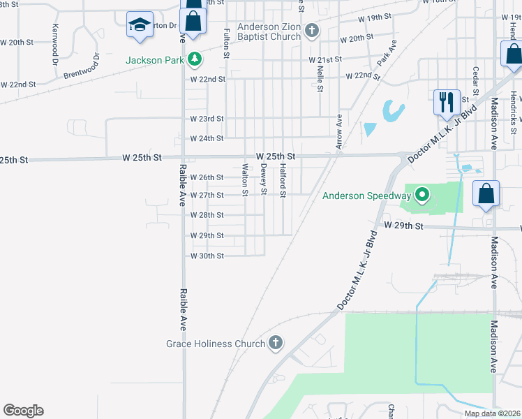 map of restaurants, bars, coffee shops, grocery stores, and more near 2612 Walton Street in Anderson
