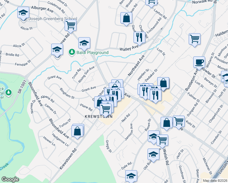 map of restaurants, bars, coffee shops, grocery stores, and more near 1329 Grant Avenue in Philadelphia