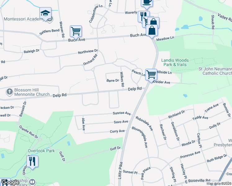 map of restaurants, bars, coffee shops, grocery stores, and more near 74 Delp Road in Lancaster