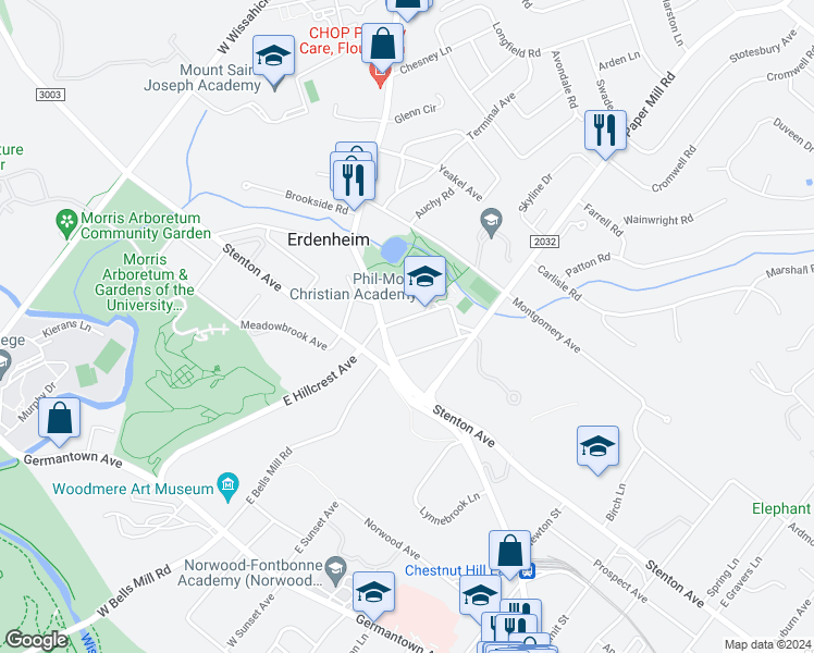 map of restaurants, bars, coffee shops, grocery stores, and more near 4 East Hillcrest Avenue in Erdenheim