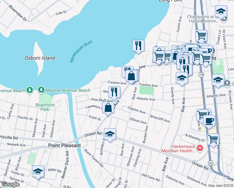 map of restaurants, bars, coffee shops, grocery stores, and more near 1104 Morris Avenue in Point Pleasant