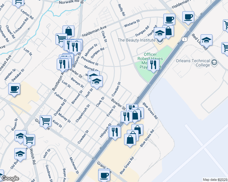 map of restaurants, bars, coffee shops, grocery stores, and more near 9740 Cowden Street in Philadelphia