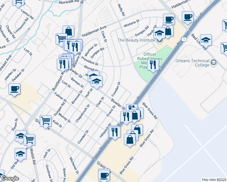 map of restaurants, bars, coffee shops, grocery stores, and more near 9740 Cowden Street in Philadelphia