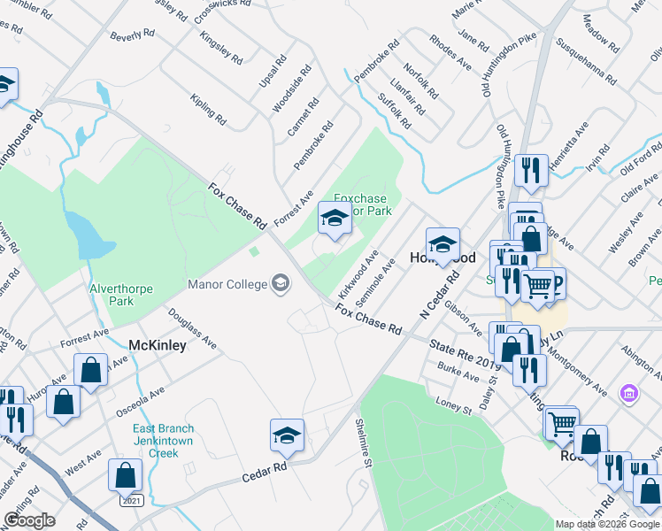 map of restaurants, bars, coffee shops, grocery stores, and more near 711 Fox Chase Road in Jenkintown