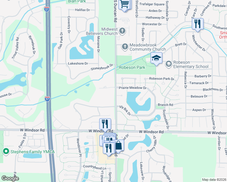 map of restaurants, bars, coffee shops, grocery stores, and more near 2105 County Road 900 East in Champaign