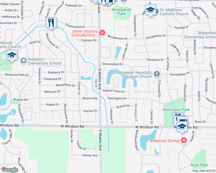 map of restaurants, bars, coffee shops, grocery stores, and more near 2152 Harbor Town Circle in Champaign