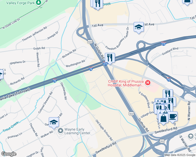 map of restaurants, bars, coffee shops, grocery stores, and more near 388 Drummers Lane in Wayne