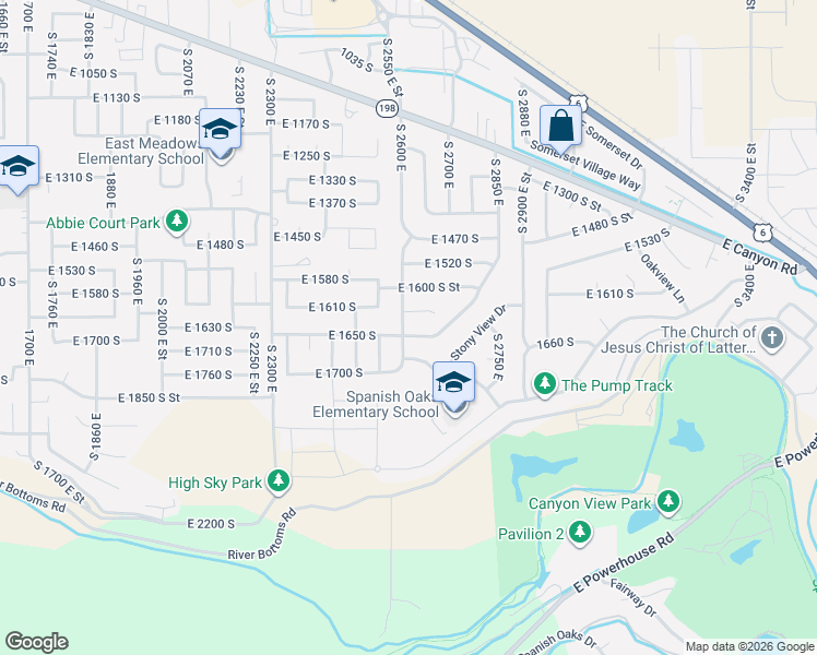 map of restaurants, bars, coffee shops, grocery stores, and more near 2639 East 1620 South Street in Spanish Fork