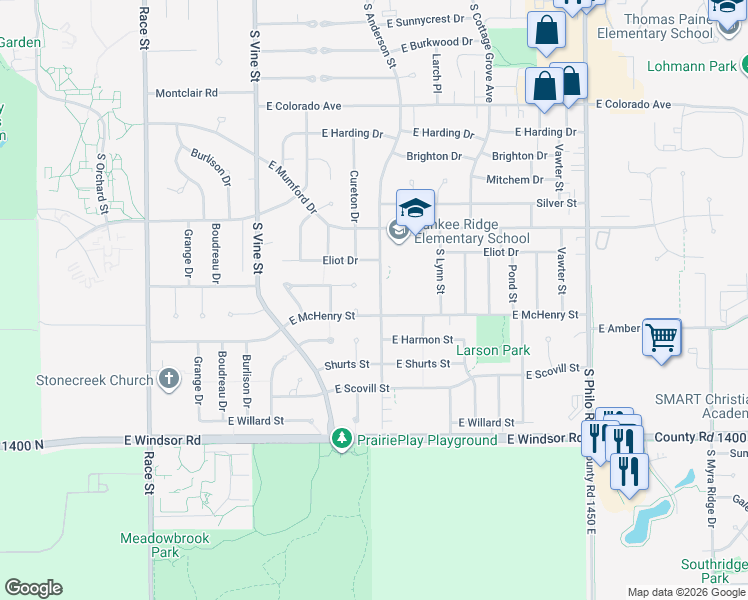 map of restaurants, bars, coffee shops, grocery stores, and more near 2205 South Anderson Street in Urbana