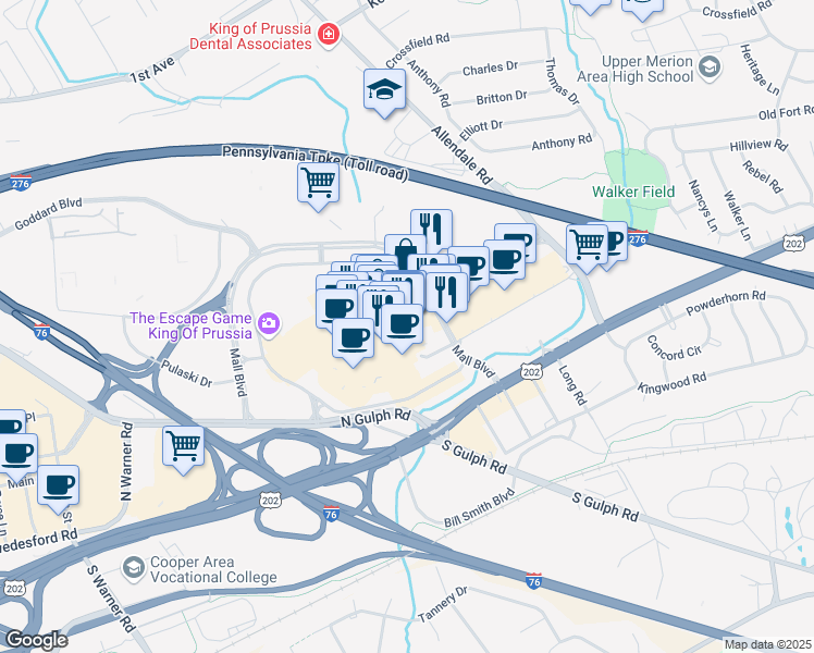 map of restaurants, bars, coffee shops, grocery stores, and more near 350 Mall Boulevard in King of Prussia