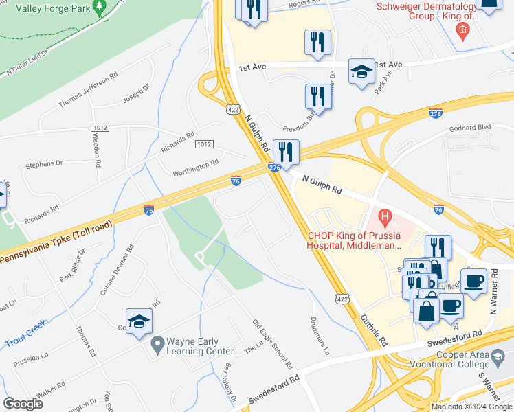map of restaurants, bars, coffee shops, grocery stores, and more near 8 Drummers Lane in Wayne
