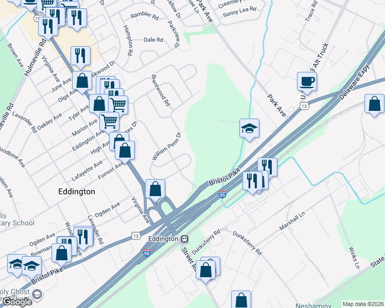 map of restaurants, bars, coffee shops, grocery stores, and more near 1180 William Penn Drive in Bensalem