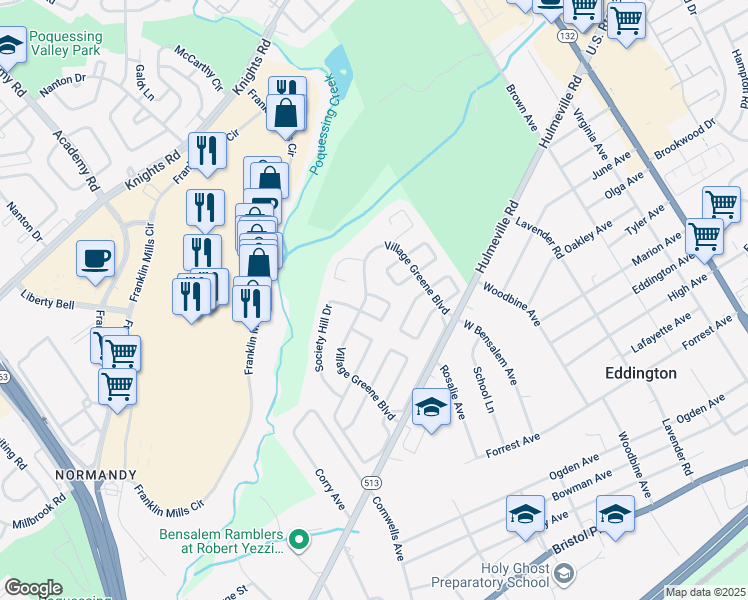 map of restaurants, bars, coffee shops, grocery stores, and more near 1440 Custom House Square in Bensalem