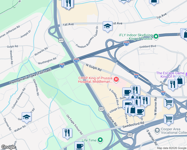 map of restaurants, bars, coffee shops, grocery stores, and more near 140 Valley Green Lane in King of Prussia